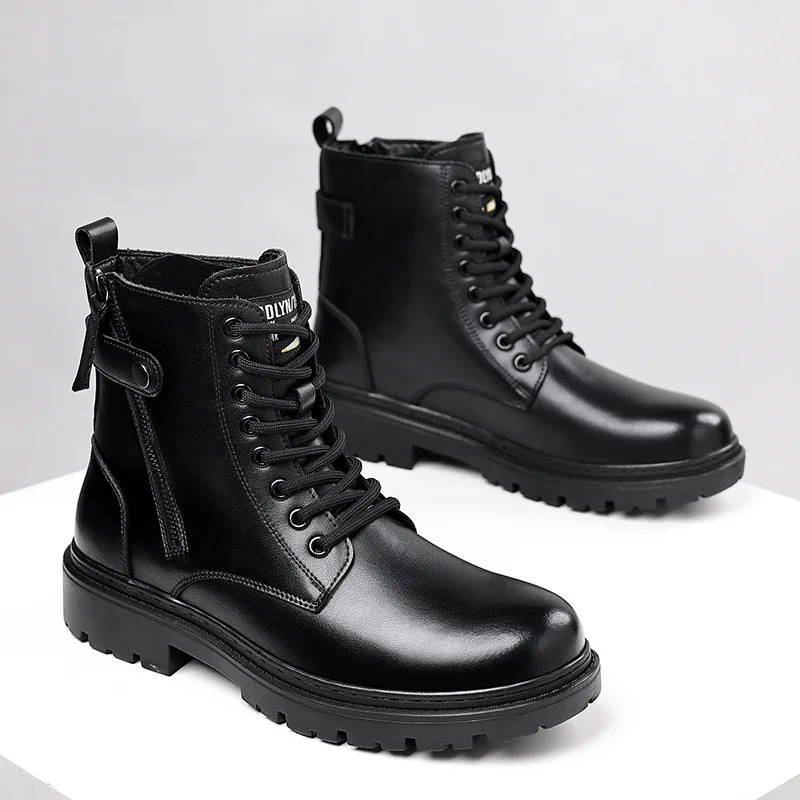 

2023 Autumn Winter New Designer Platform Boots for Men English-style Cargo Cowhide Ankle Boots Male Fashion Black Men's Shoes