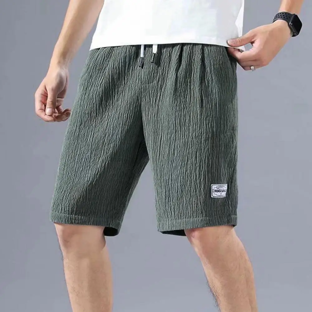 Description Picture 5 of itemSummer Men Shorts Mid-rise Elastic Drawstring Waist Shorts Solid Color Thin Quick Drying Ice Silk Short Pants For Daily Wear