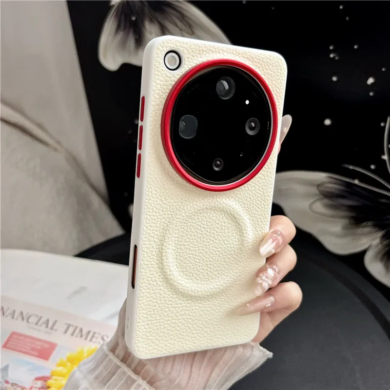 Luxury Magnetic Lychee Pattern PU Leather Non-Slip Phone Case with Metal Camera Frame