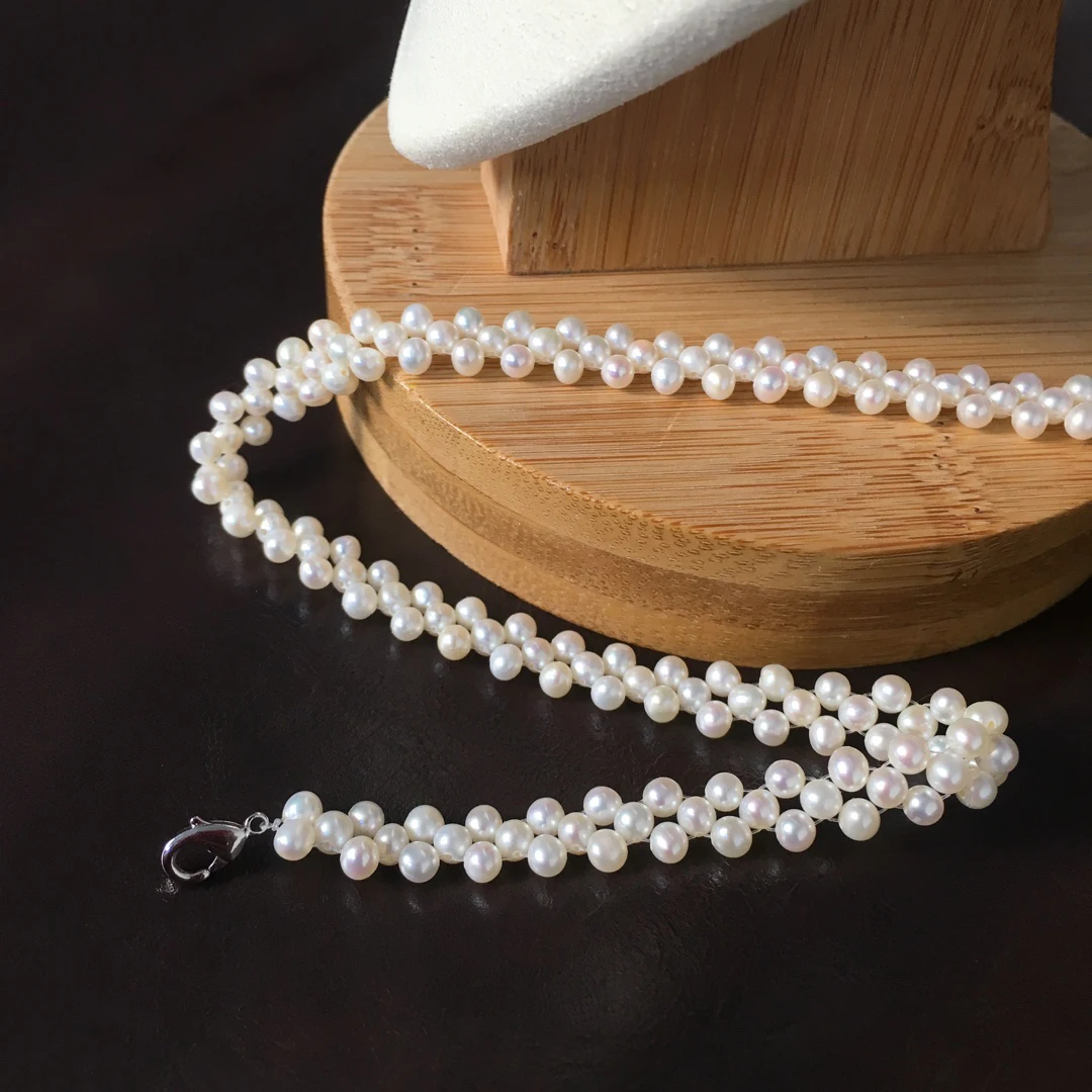 

Hot Sell Purely Hand-Knitted Pearl Choker Handmade Woven Necklace Jewelry with 3-4mm Quality Natural Real Freshwater Baby Pearls