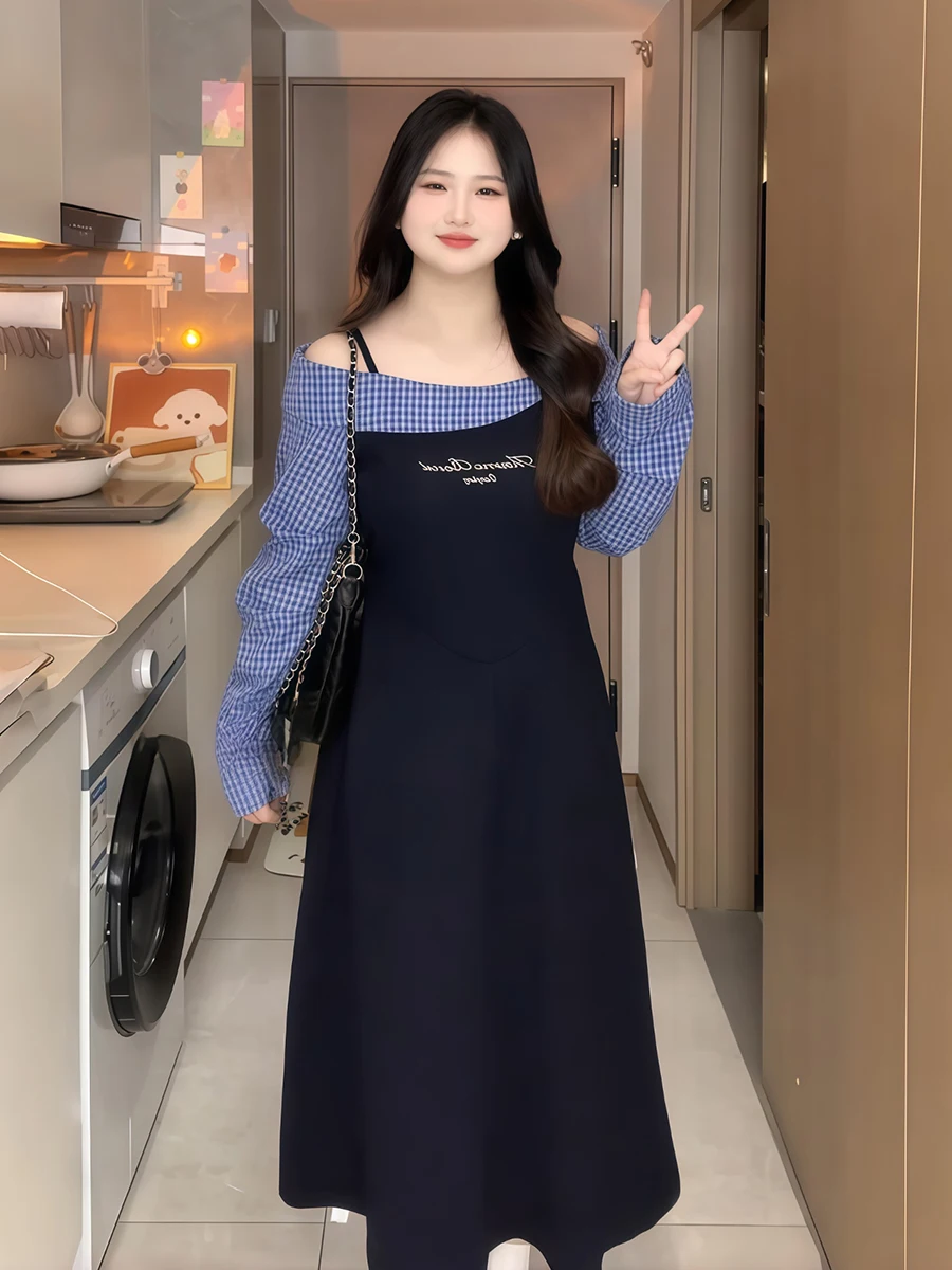 plus Size Korean Sle Plaid Patchwork Fake Two-Piece Dr Slimming Long Skirt for plus Size Women Spring Season High Waist