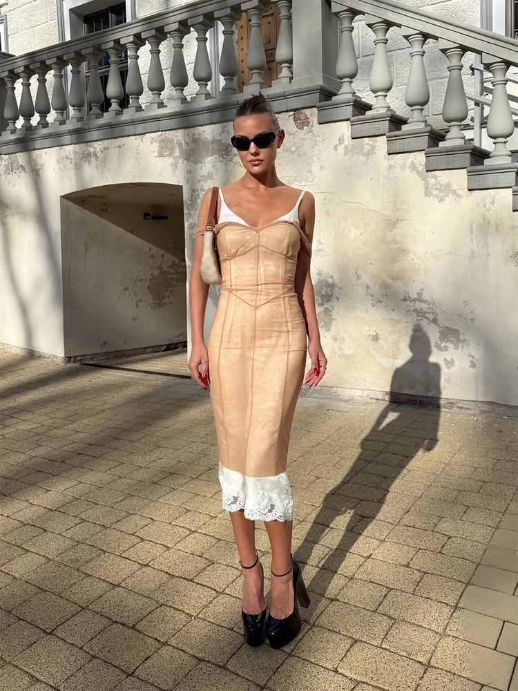 Sheer Mesh Overlay Midi Dress with Waist Cinching and Spaghetti Straps — photo 2