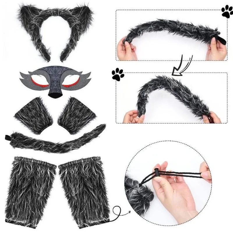 Girl Plush Wolf Ear Headband Tail Skirt Mask Suit Wolf Cosplay Party Costumes Ladies Birthday Gift Halloween
