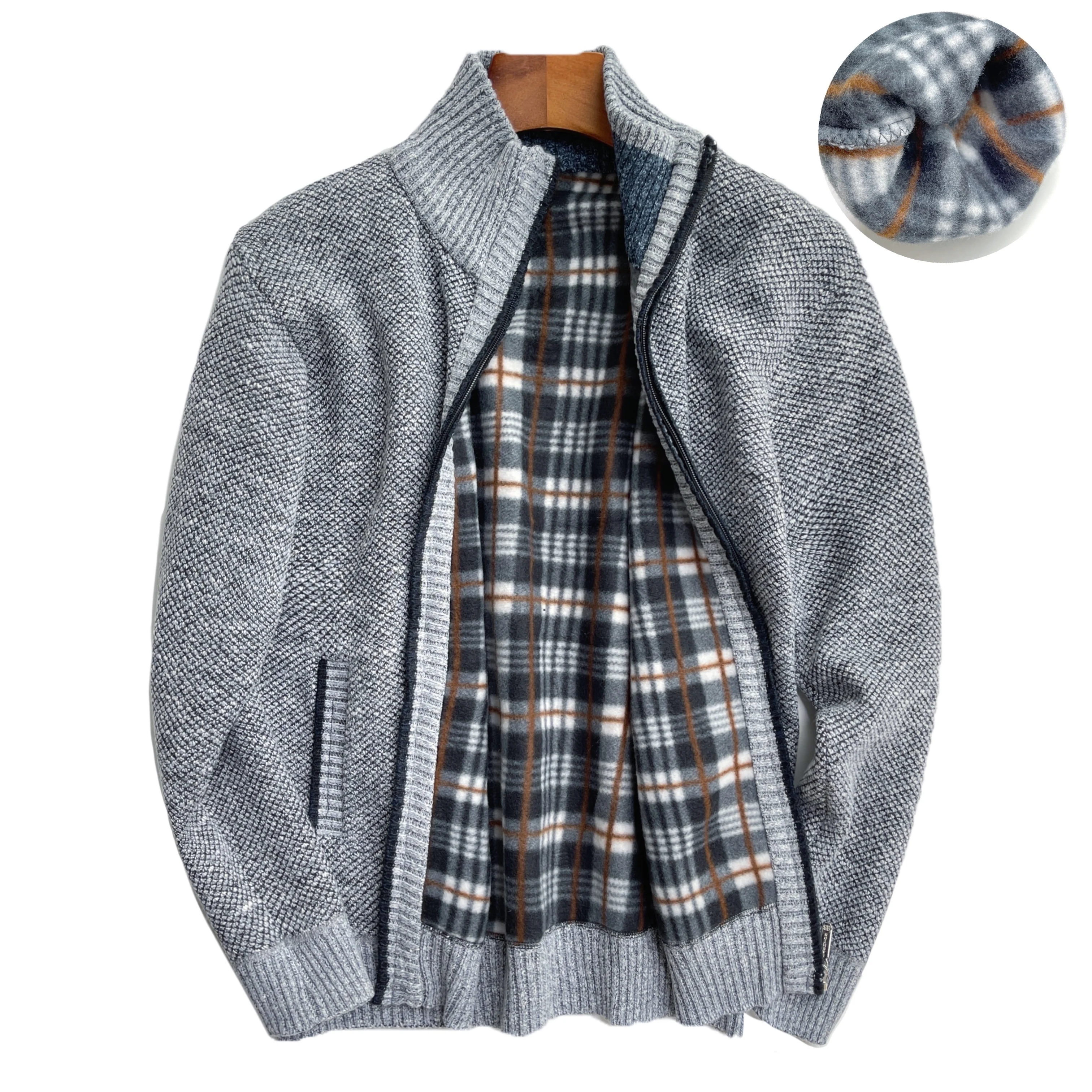 

Inner lining with plush and thickened men's casual warmth zippered sweater jacket stand up collar jacket hoodie