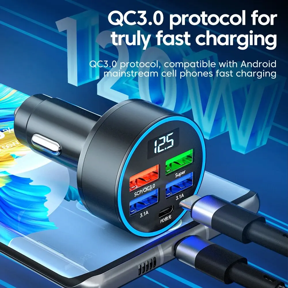 Car Charger PD100W Car Charger QC3.0 Fast Charge One to Four Car Cigarette Lighter Plug 5 Port Charger Flash Charge