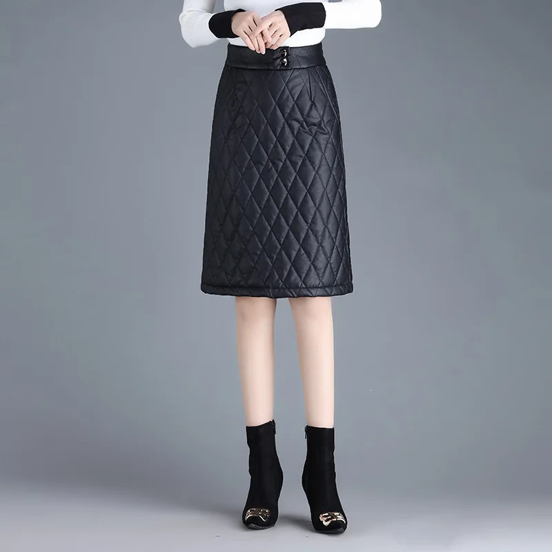 

Winter Women High Waist Black PU Leather Thick Quilted Skirt Office Lady Elegant Chic Slim Bodycon Knee-length Skirts 4XL 3211