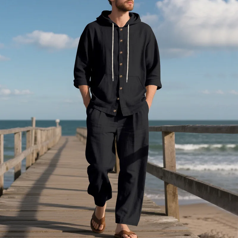New Spring and Autumn Style Loose Men's Hoodie Set, Linen Material Beach Casual Two-Piece Suit