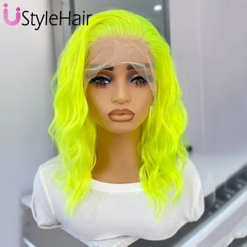 UStyleHair Neon Short Wave Wig Fluorescent Green Lace Front Wig Heat Resistant Synthetic Hair Natural Hairline Daily Cosplay Wig