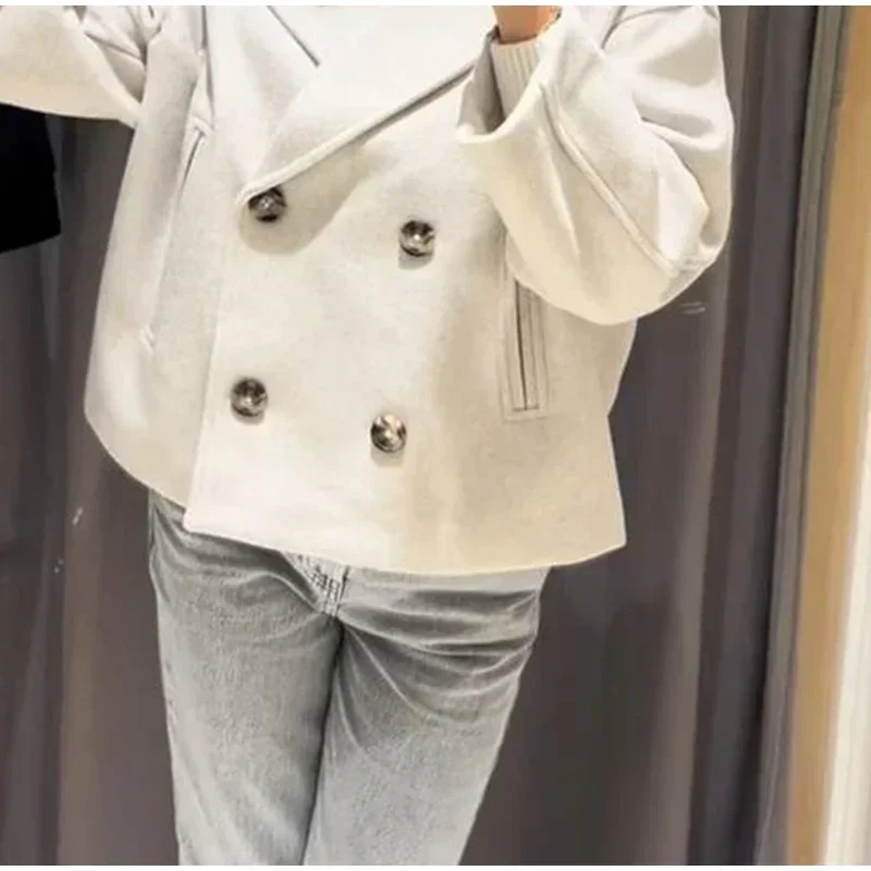 Loose Woolen Blends Coat Women Solid Lapel Double Breasted Pockets Jackets Autumn Winter Fashion Lady Office Outwear New