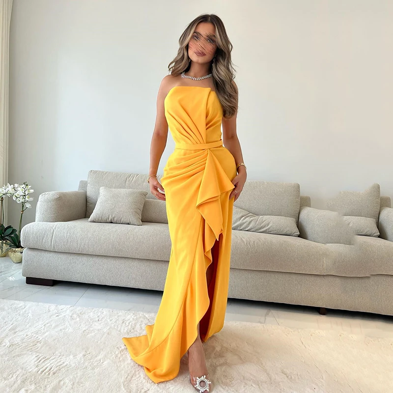 

UZN Modern Yellow Mermaid Prom Dresses Sleeveless Satin Evening Dress Side Slit Floor-Length Saudi Arabia Party Gowns 2023