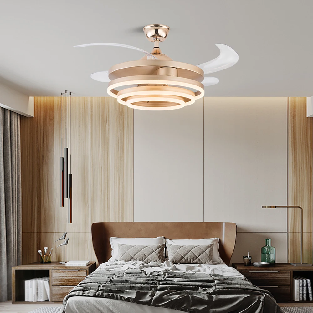 Ceiling Fans Modern Intelligent LED Hanging Lampara with 4 Retractable Blades Led Light With Remote Control Dimmable for Bedroom