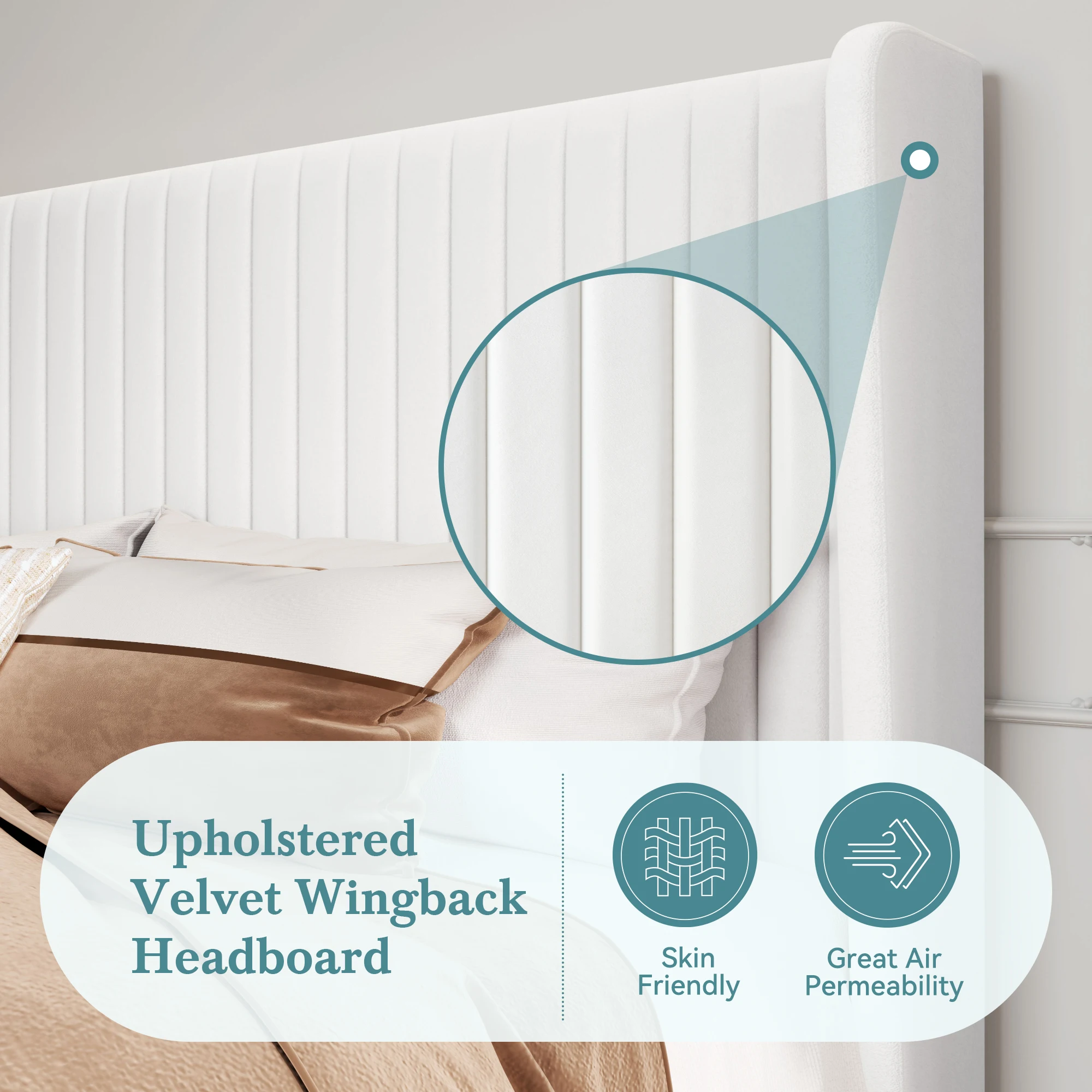 HOOMIC Velvet Upholstered Bed Frame, Vertical Channel Tufted Wingback Headboard, Wooden Slats Support Allewie 3