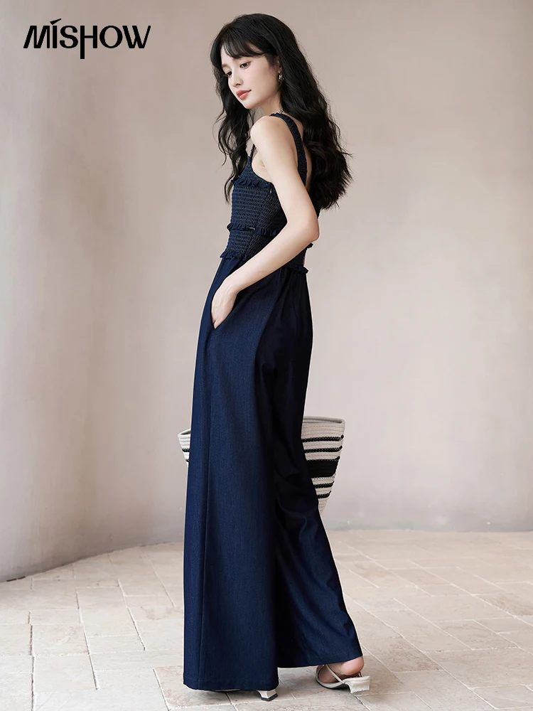 MISHOW Suspender Jumpsuit 2023 Summer Lmitation Denim High Waist Elastic Ruffles Wide Leg Pants Full Length Jumpsuit MXC38K0079