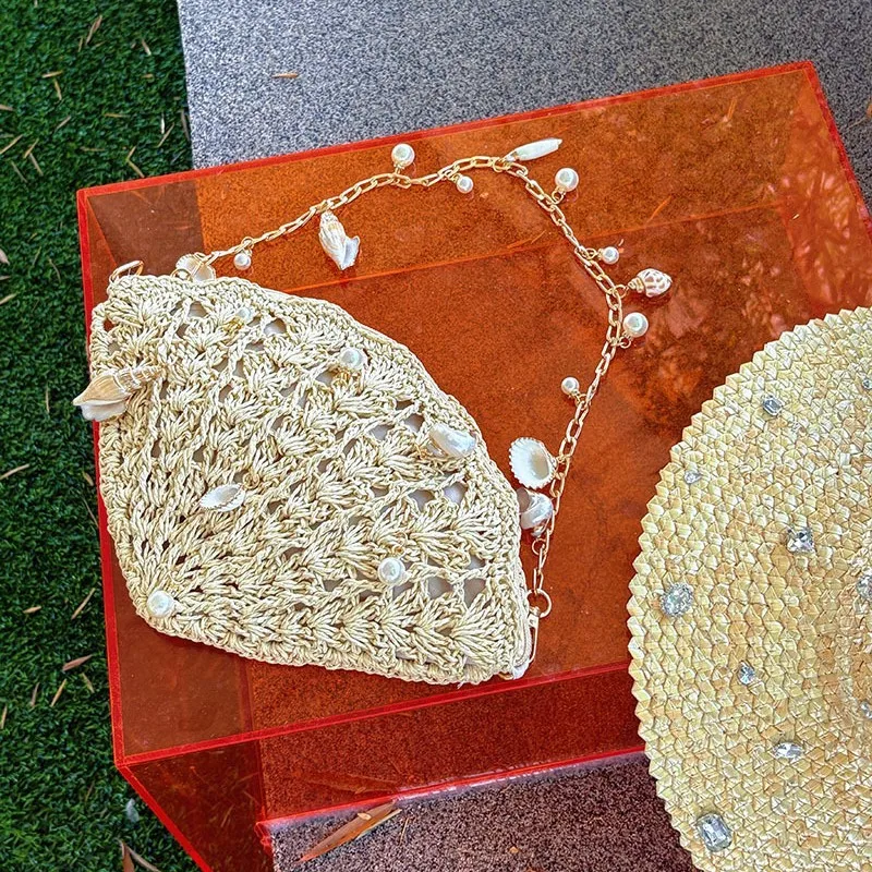 Bohemian Shell Woven Bags for Women Shoulder Bag Hollow Straw Beach Bag Funny Purses and Handbags Vacation Chains Sling Bags NEW