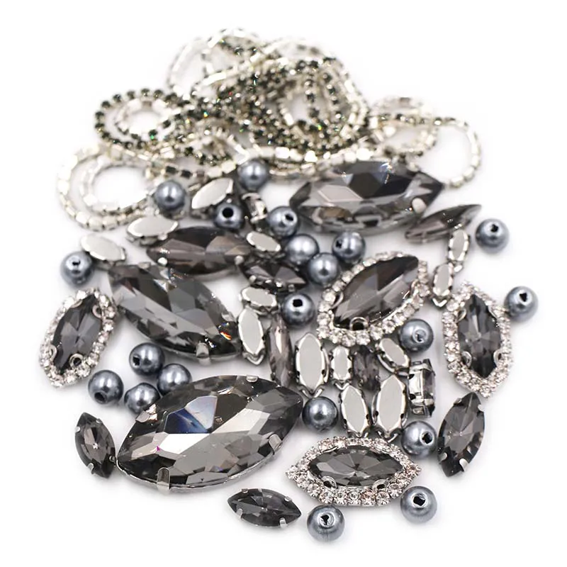 

Hot Sale 50pcs/Bag Horse Eye Shape Gray Mixed Size Crystal Rhinestones+Pearl +Cup Chain For Wedding Dress Jewelry Making