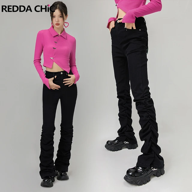 REDDACHiC Tall Girl Friendly Grunge Y2k Women's Jeans Solid Black Flared  Stacked Pants Gyaru Acubi 2000s