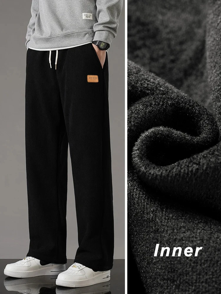Winter Thick Warm Corduroy Sweatpants Men Fleece Liner Drawstring Straight Loose Track Pants Male Casual Fleece Thermal Trousers 4