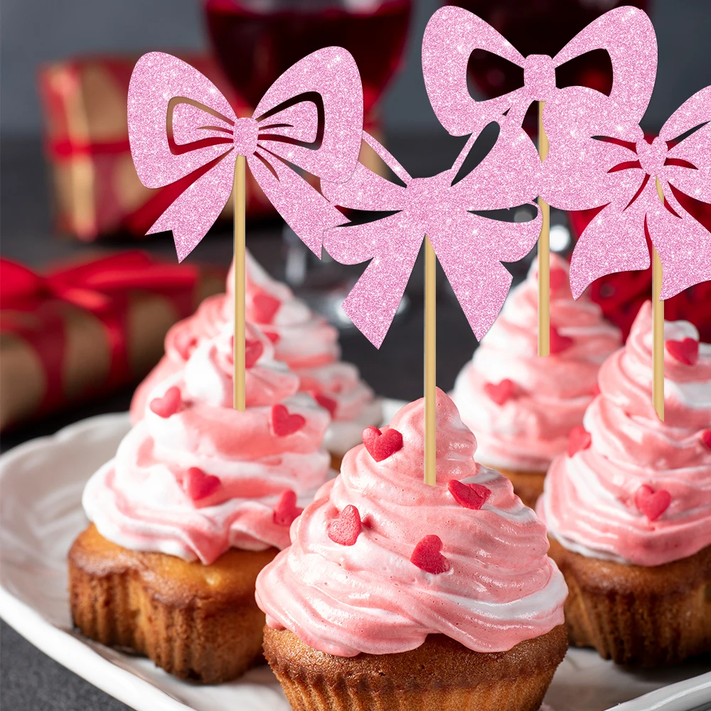 24 Stuks Strik Cupcake Toppers, Roze Meisjes Verjaardagsfeest Decoraties Strik Cupcake Toppers Strik Verjaardag Cupcake Decoraties Dessert Taart Toppers voor Bruiloft Vrijgezellenfeest