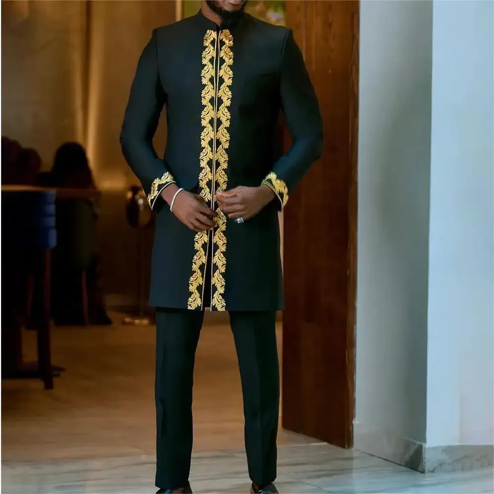 2024 Luxury Men's Suit Set Kaunda Suit Tuxedo Outfits Pocket Top Pants African Ethnic Wedding Gentleman 2pcs Sets Suit Outfits 6
