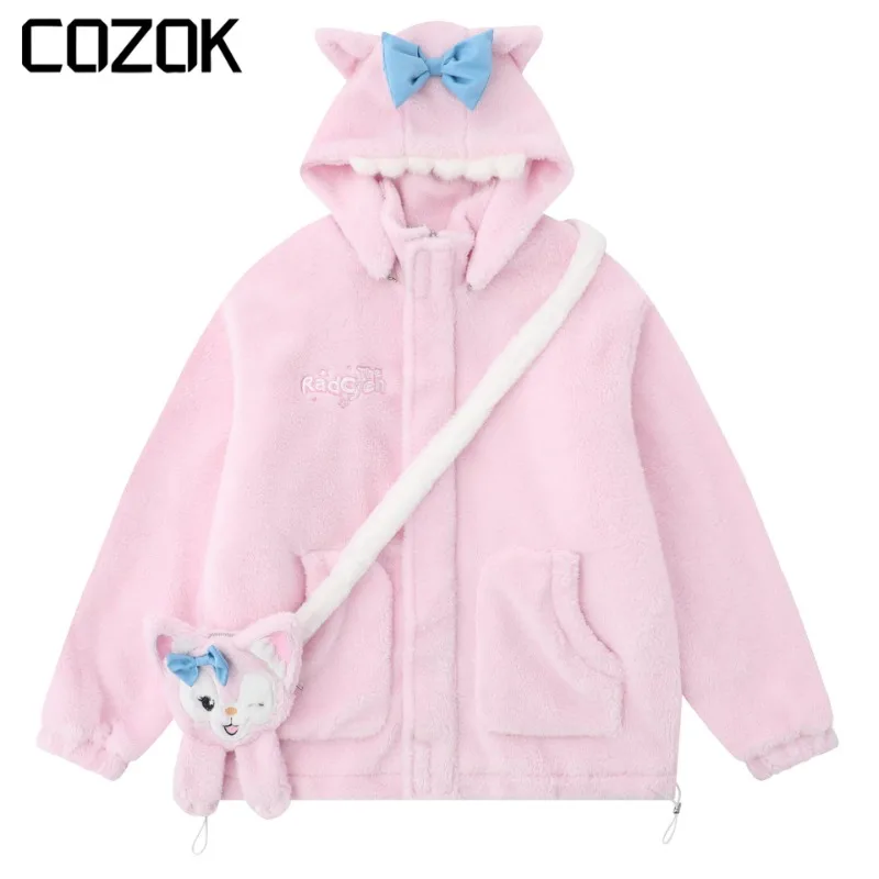 

Soft Lambswool Hooded Jackets Women Cute Pink Cartoon Backpack Loose Cotton-Padded Jacket Casual Varsity Plush Coats Winter