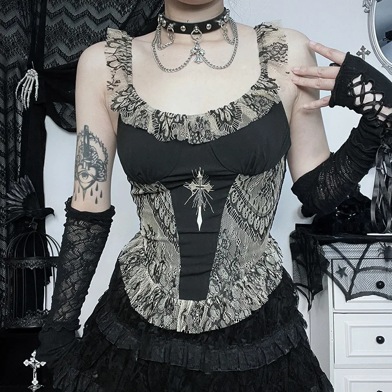 

Gothic Punk Retro Sexy Sling Y2K E Girl Slim Strapless Tops Contrast Cross Embroidered Vest Women crop top top cpe