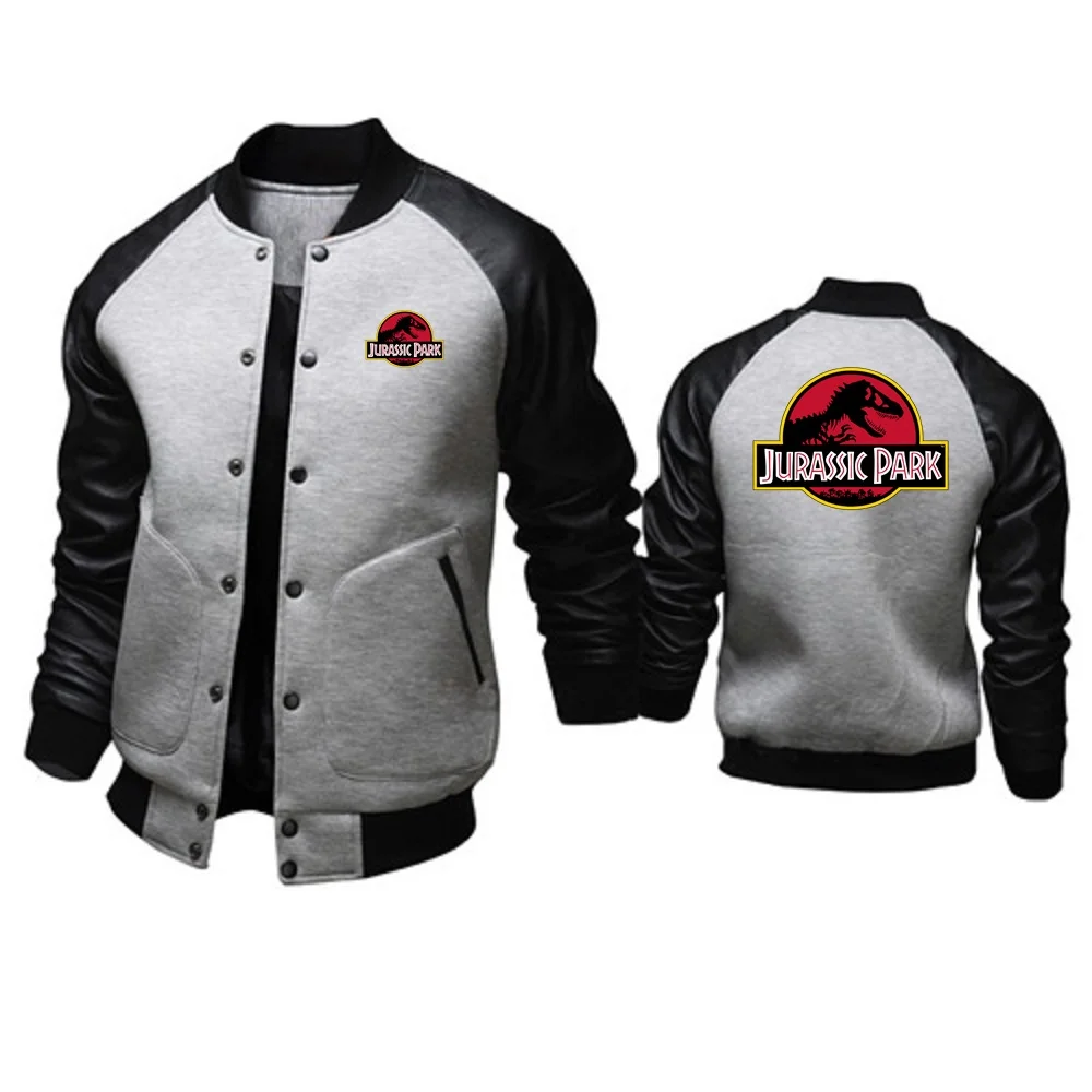 Youth Men's Baseball Coats Patchwork PU Sleeve Stand Collar Jackets Outerwear JURASSIC PARK Dinosaur World Graphic Men Jacket 4