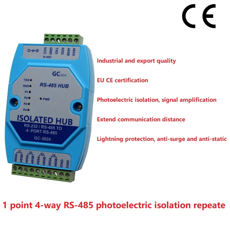 Gc-3024 A Quattro Vie Rs-485 Bus Split Hub Modbus 485 Ripetitore Rs-485 Isolamento Fotoelettrico 1 In 4 Out Protezione Contro I Fulmini