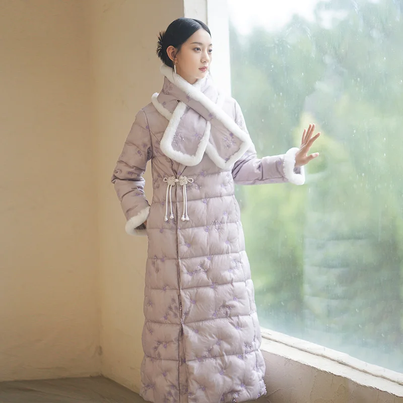 Winter Mid-Length Thick down Jacket Embroidery Vintage Chinese Style Traditional Chinese Knot Button Coat