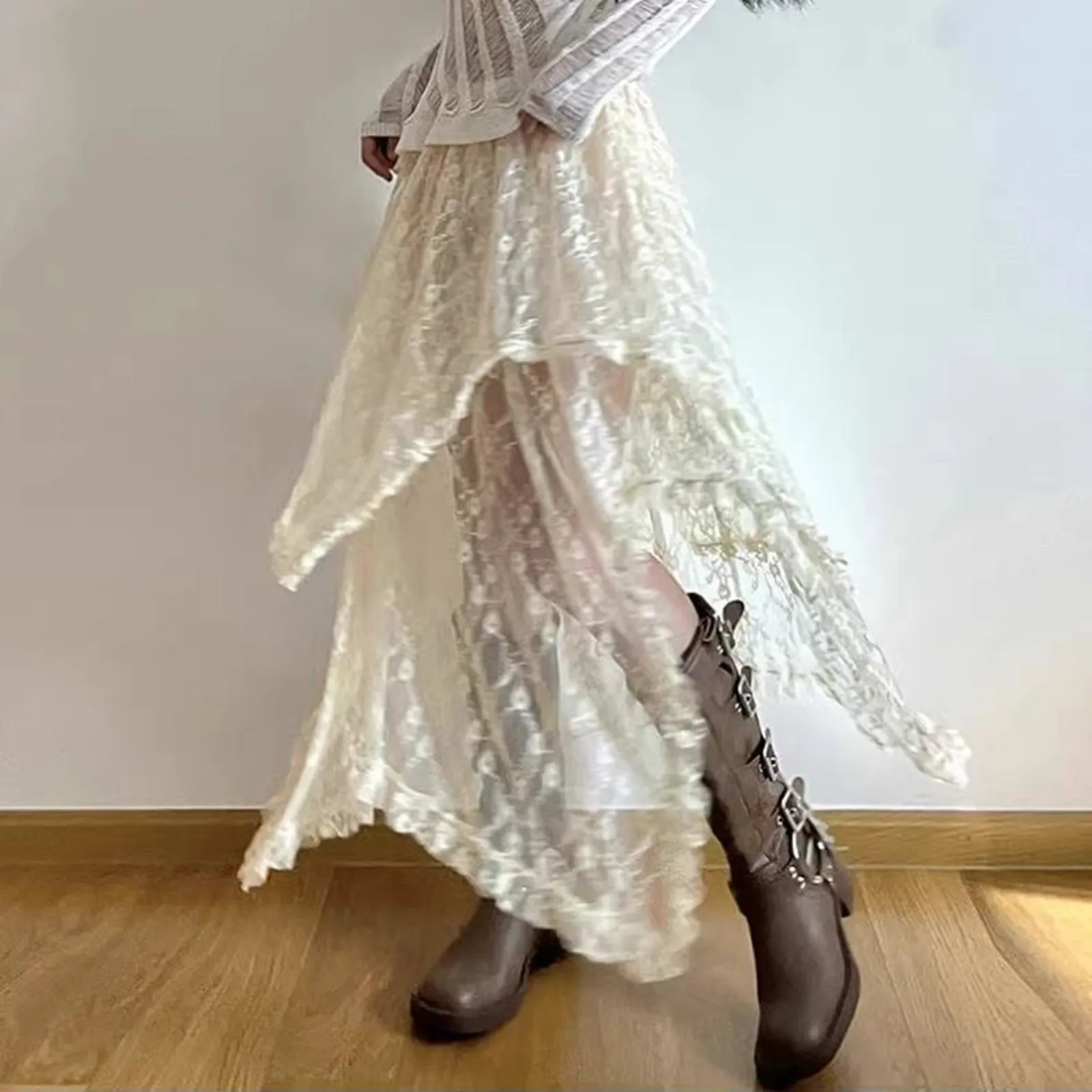 

Fashion Summer Long Skirts For Women Lace Hollowed Out Design Irregular Layered Hem Holiday Beach Style Mesh Midi Skirt 여성여름옷