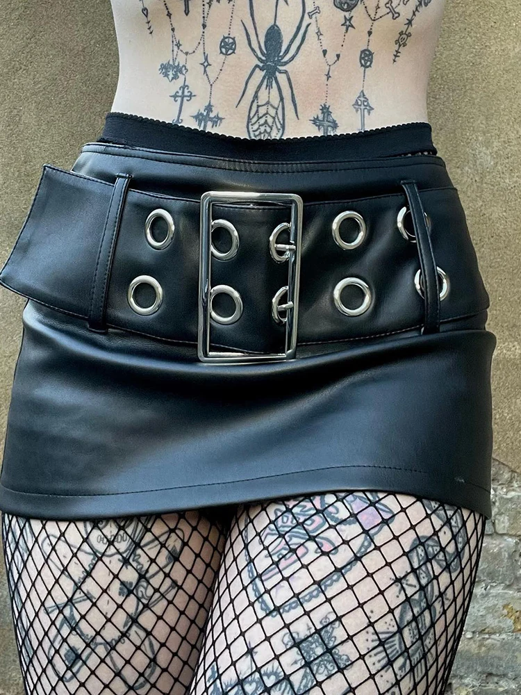 

Belt Skirt Sexy Hip Hop Y2k Grunge Emo Alt Clubwear Skirt AltGoth Gothic Punk Pu Skirt Women Harajuku Streetwear High Waist Wide