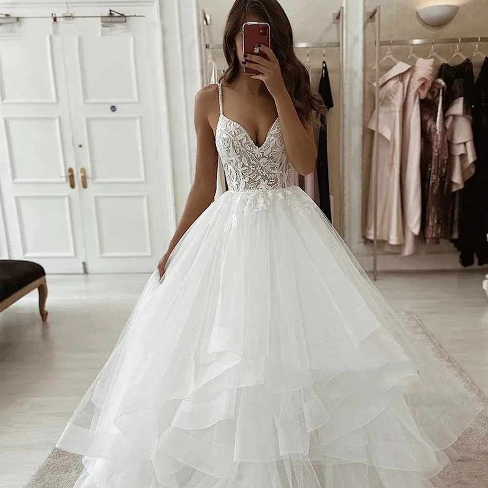 Modern Trendy Spaghetti Strapes Crop Top Wedding Dress | A-line Affordable lace Bridal Separates main image 1