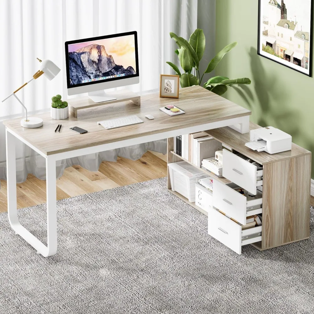 Walnut and White Desk with Drawers, 55 Inch L Shaped Computer Desks with Storage Shelves, Corner Desk, Computer Table 2
