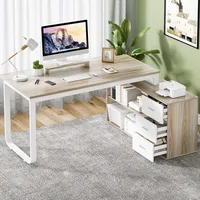 Walnut and White Desk with Drawers, 55 Inch L Shaped Computer Desks with Storage Shelves, Corner Desk, Computer Table 2