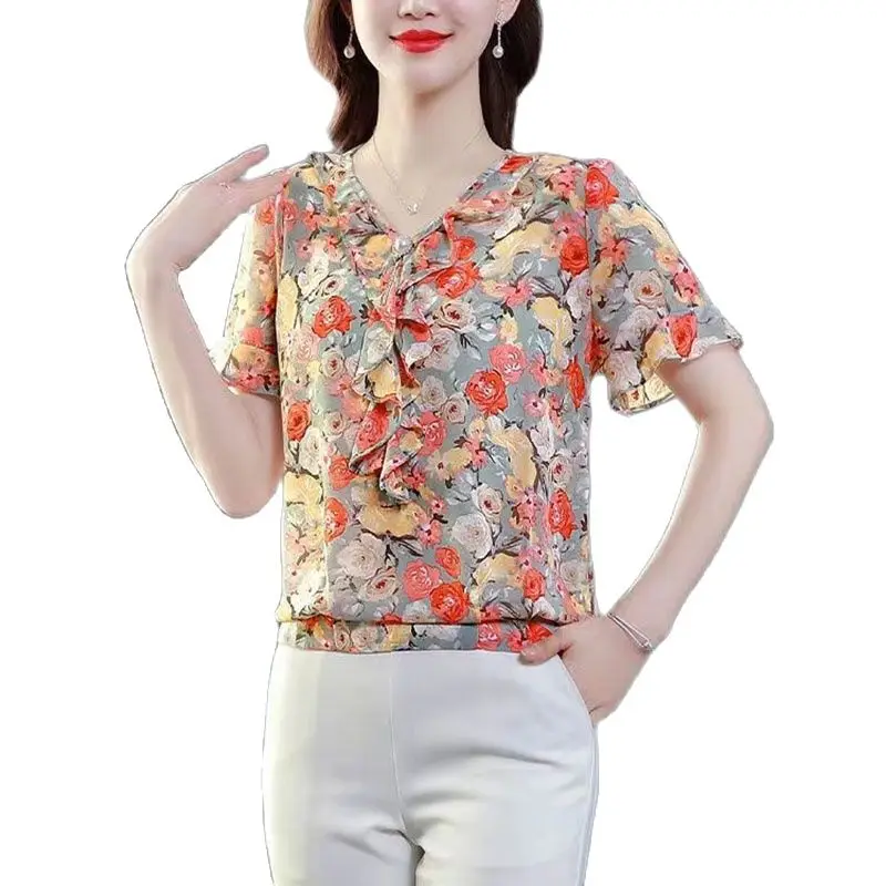 

Floral Chiffon Shirt Womens Summer 2023 New Ruffled High-end Fashion Shirt Loose Cover Belly Mother Short-sleeved Upper Garment