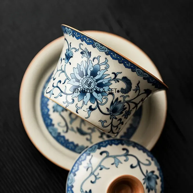 Chinese Traditional Blue and Flower Ru Kiln Gaiwan Teacup Handmade Ceramic Tea Tureen Household Tea Bowl Travel Portable Teaware