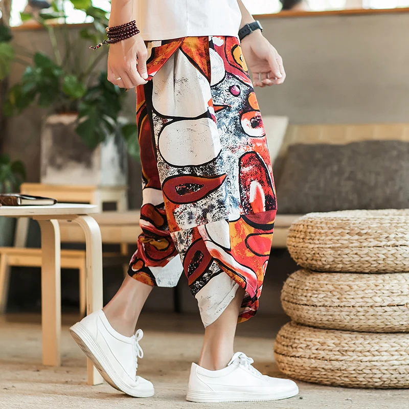 Men Traditional Style Summer Big Size Casual Calf-Length Pants Korean Style Cotton Printed Loose Male Trouser Streetwear