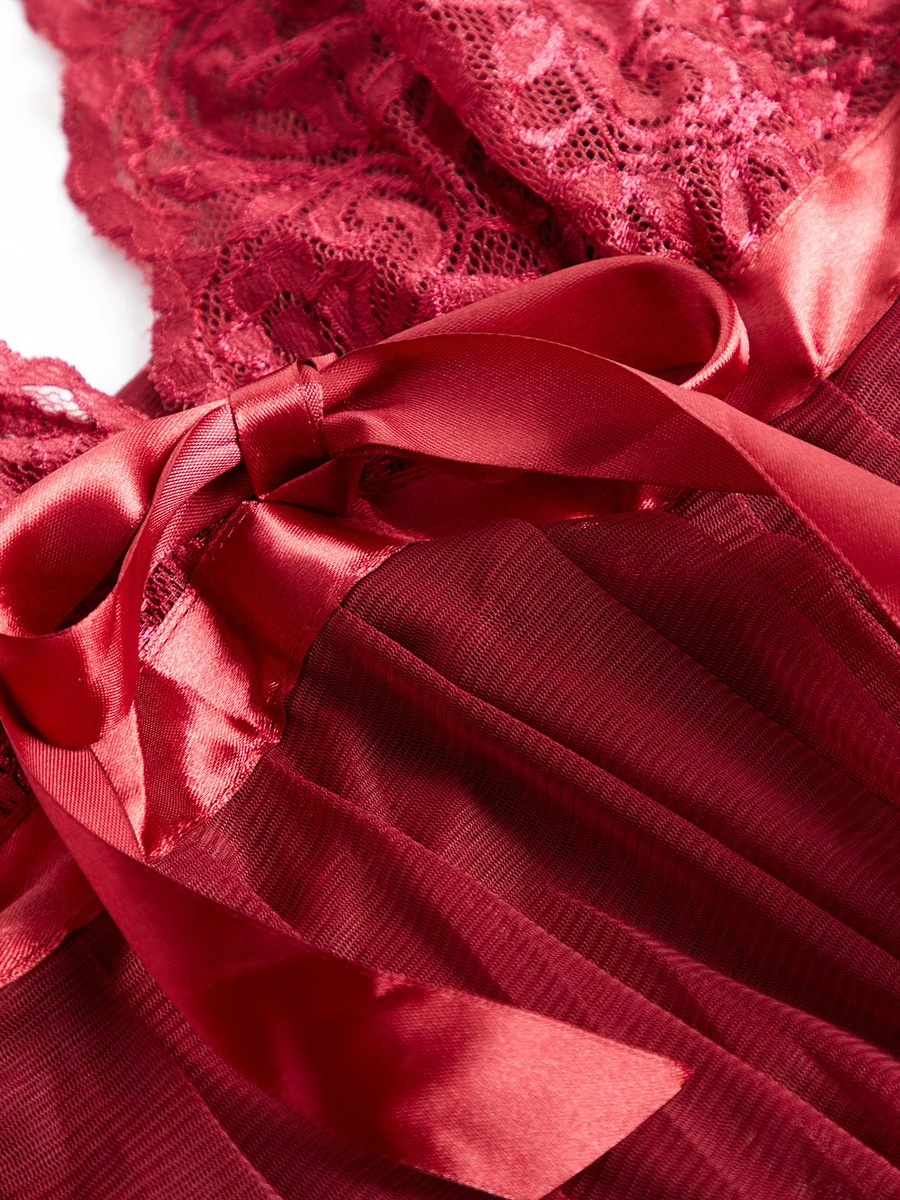 Biancheria intima plissettata divertente Abito corto in pizzo con cinturino largo Indumenti da notte sexy_voghion.com