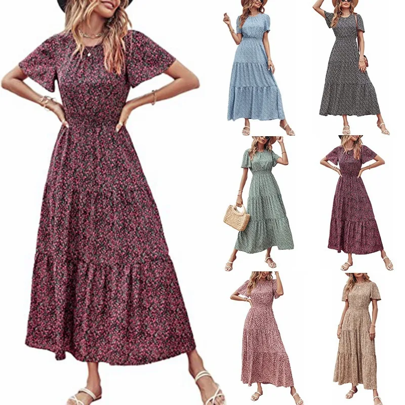 

New Arrival High Quality Women's Spring and Autumn Fragmented Thin Waist Panel Women's Long Flower Dress