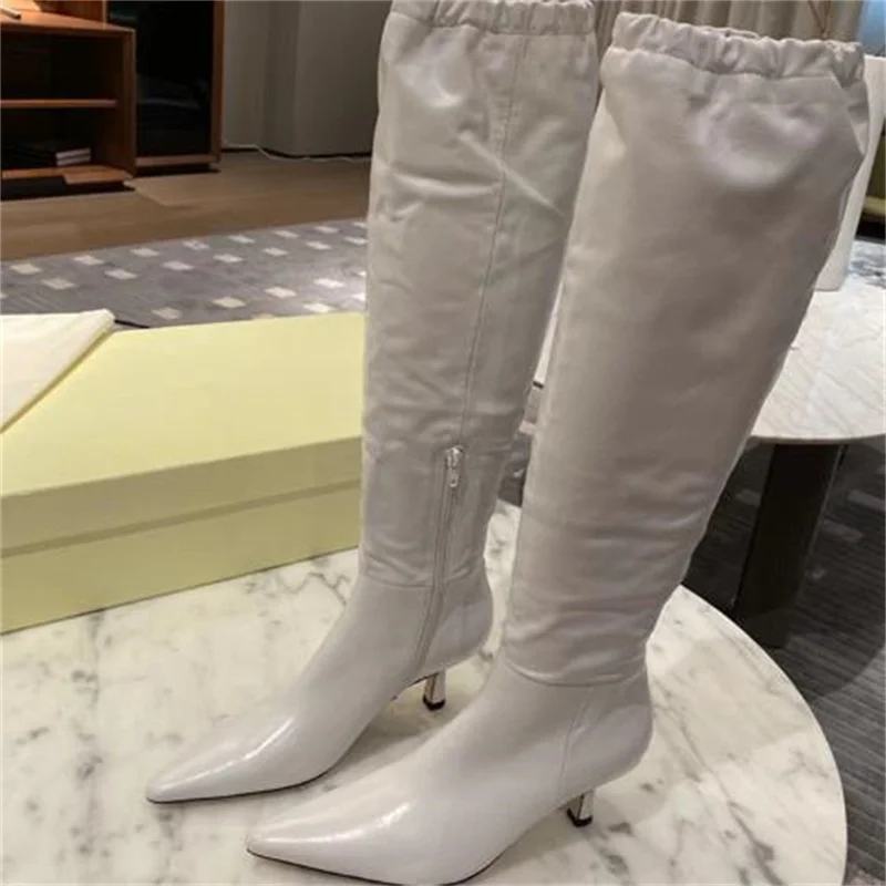 

Pleated Shoes for Ladies Pointed Toes Long Calf Boots Side Zippers Female Leather Women's Designers Botas Solid Chassure Femme