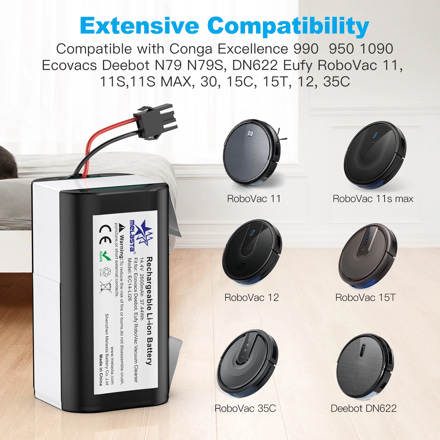 14.4V 2600mAh Li-Ion Batería de Reemplazo para Conga Excellence 950 990  1090 1790 1990 Ecovacs Deebot N79 N79S DN622, Eufy RoboVac 11,11S,12,15C  15T,30,30C,35C, IKOHS NETBOT S14 S15 : : Hogar y cocina