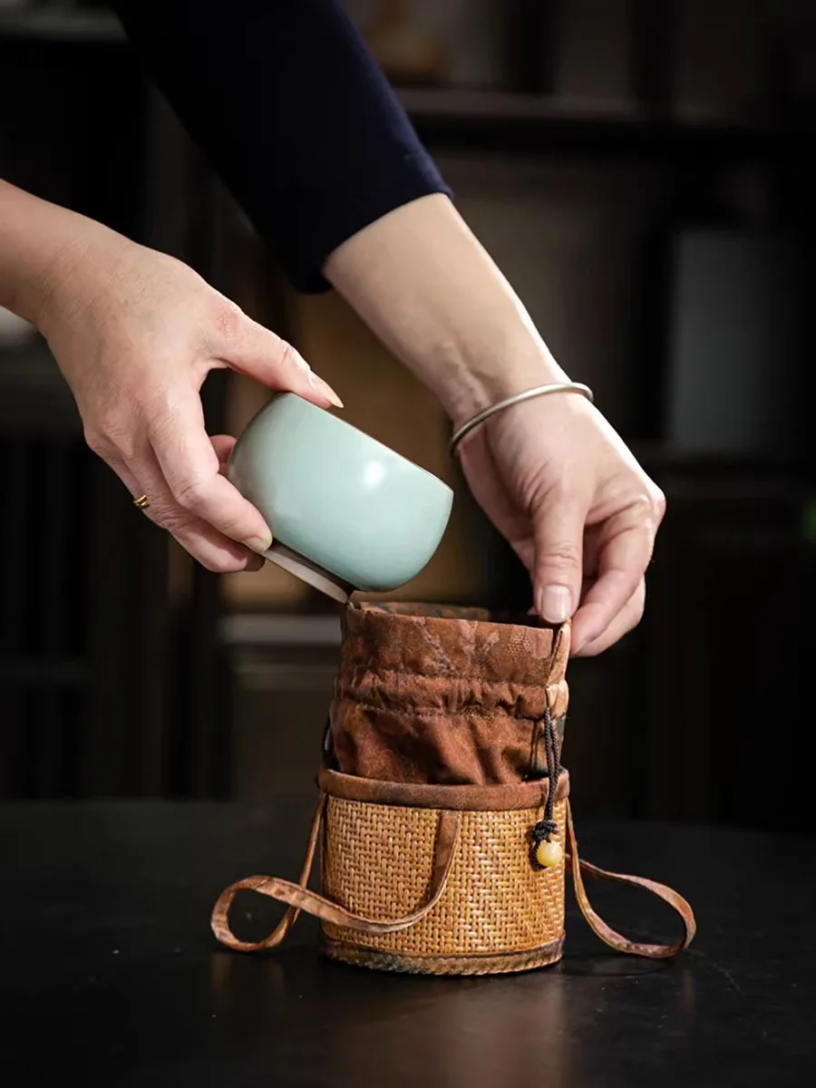 Rattan Pattern Small Bag Square Travel Outdoor Cover Bowl Portable Organizer Owner's Cup Teapot Bag Spliced Drawstring Pocket