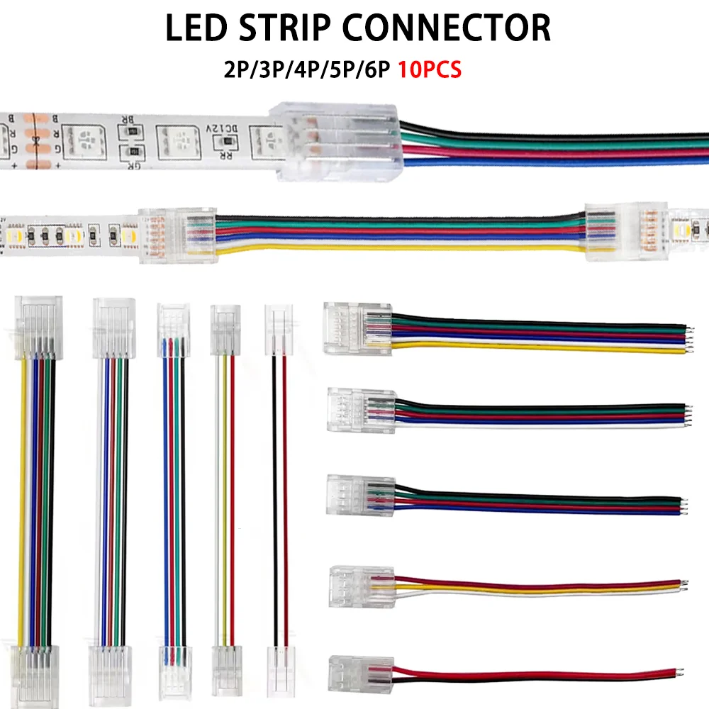 10PCS LED Connectors 2/3/4/5/6Pin LED Line Quick Connectors สายไฟขั้วต่อ 8 มม.10 มม.12 มม.5050 LED Strip Light 1