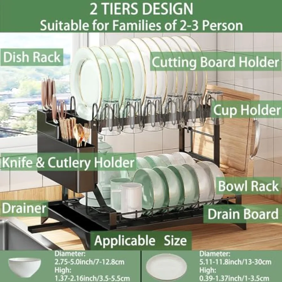 Dish Drying Rack 2 Tier Dish Racks for Kitchen Counter Detachable Dish Drainer Organizer with Utensil Holder Drying Rack with D