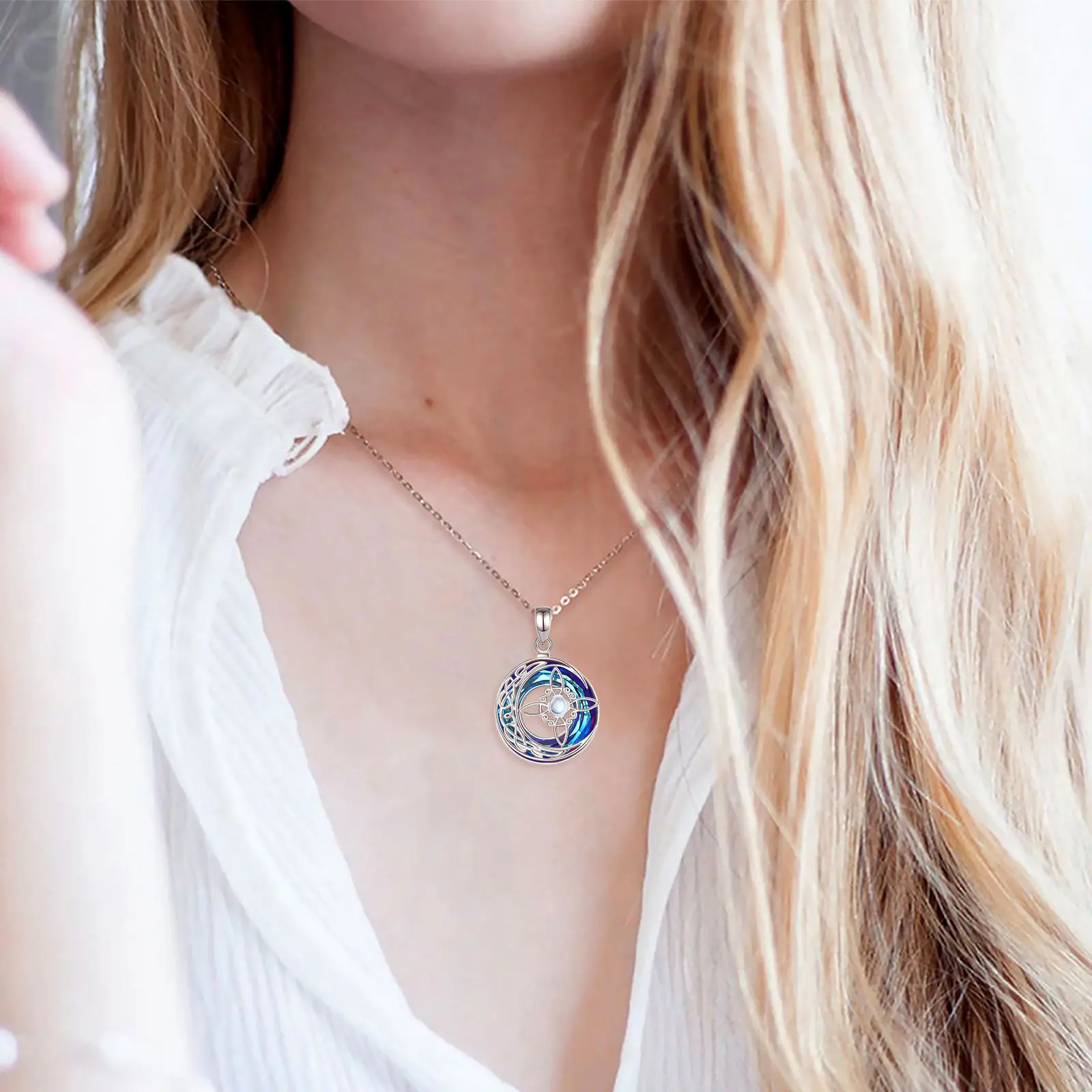 925 Sterling Silver Witch Knot Necklace Austrian Crystal Moonstone Knot Amulet Necklaces for Men Women,pendant necklace