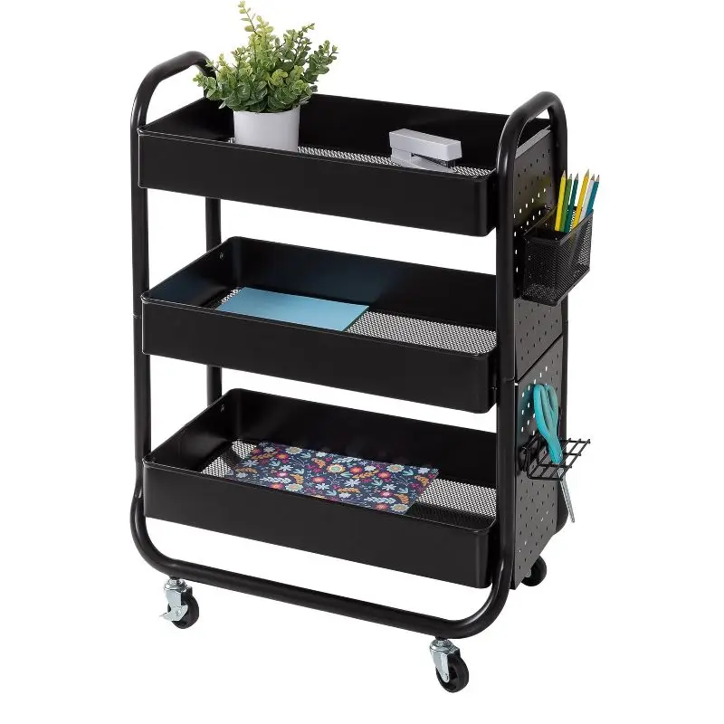 

Convenient and Organized Stylish Black 3-Tier Rolling Cart with Accessories