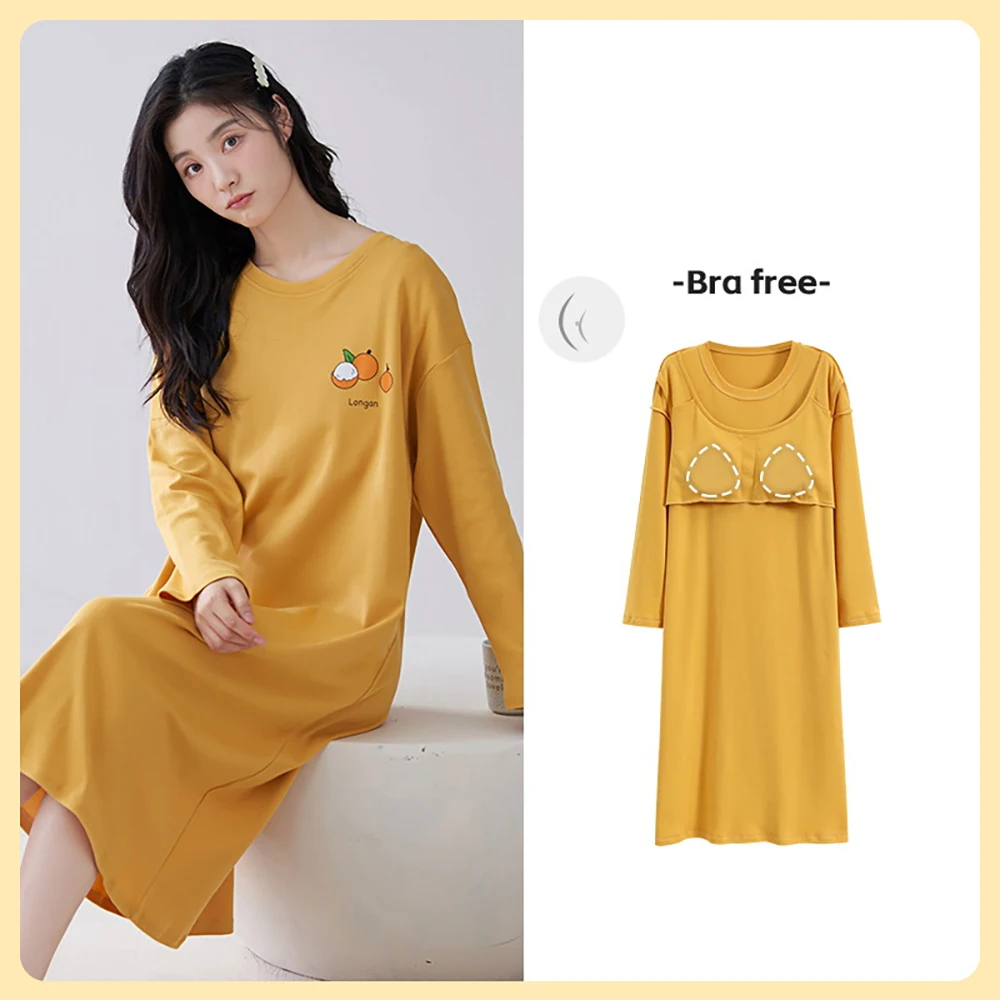 100% Cotton Padded Anti Convex Point Pajamas Dress Simple Lovely Longan Print Sleepwear Spring Autumn Women Loose Night Dress