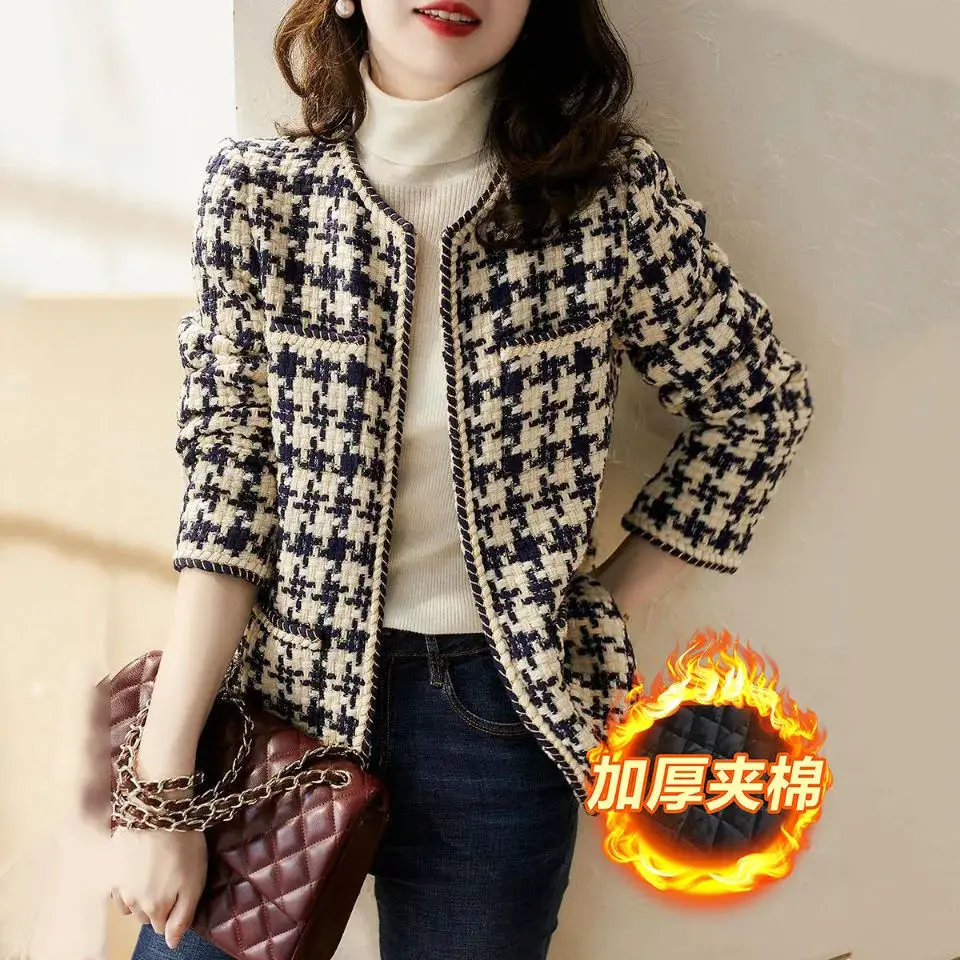 Vintage Houndstooth O-Neck Tweed Jacket 2023 Fall Winter Long Sleeve Wool Blend Outwear Plus Size Open Stitch Blazer Coat M-3xl