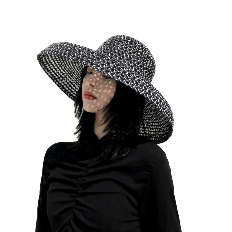 헵번 블랙 메쉬 통기성 밀짚 모자 야외 비치 모자 여성용 대형 와이드 브림 여름 파나마 썬 모자 여성용 헬렌카민스키