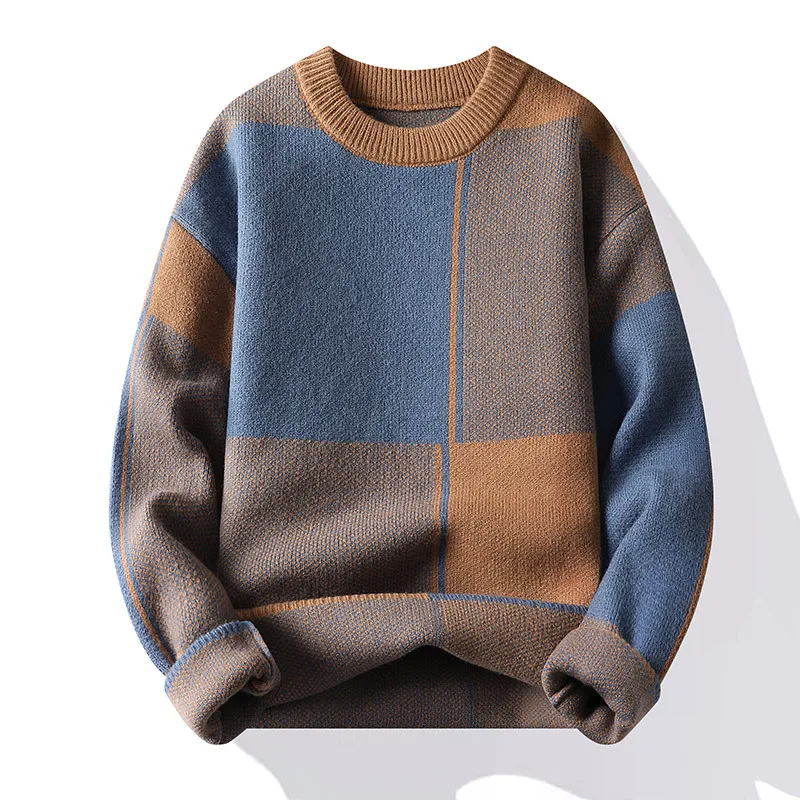 

6812 Winter Fashion Men's Sweater Japan Style Plaid Patchwork Long Sleeve High Quality Classic Knitwear Thick Warm Pullover Tops
