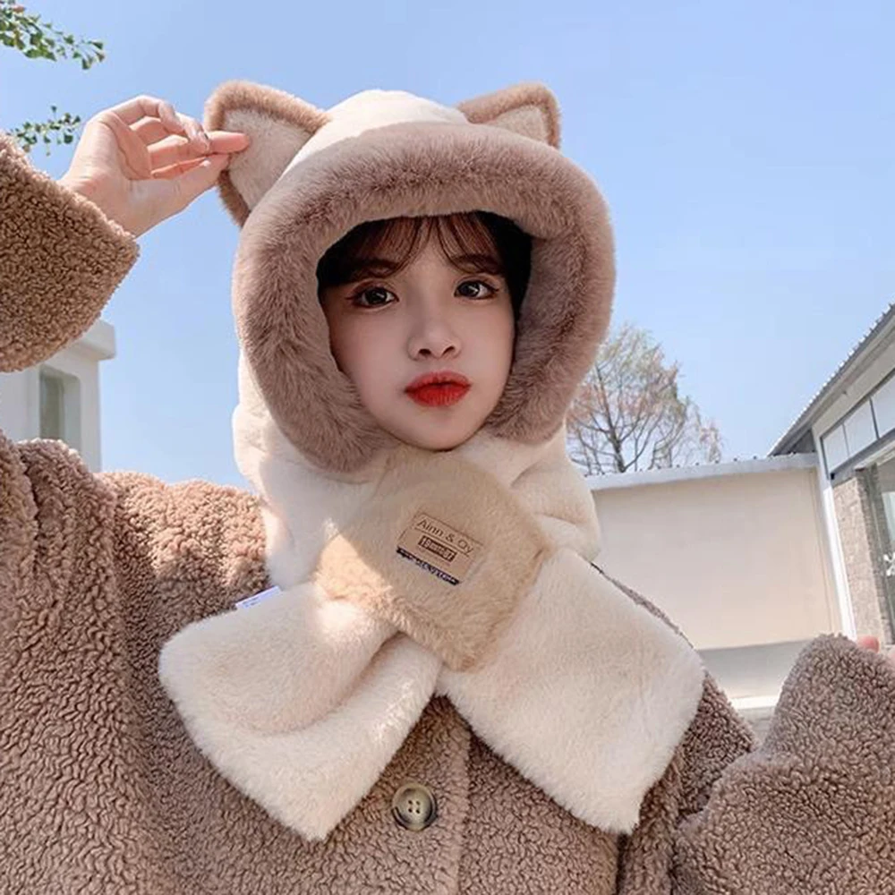 Cute Little Bear Scarf Hat Warm One Piece Hat Female Winter Student Lamb Hair Korean Version Hooded Mask Plush Hat 4